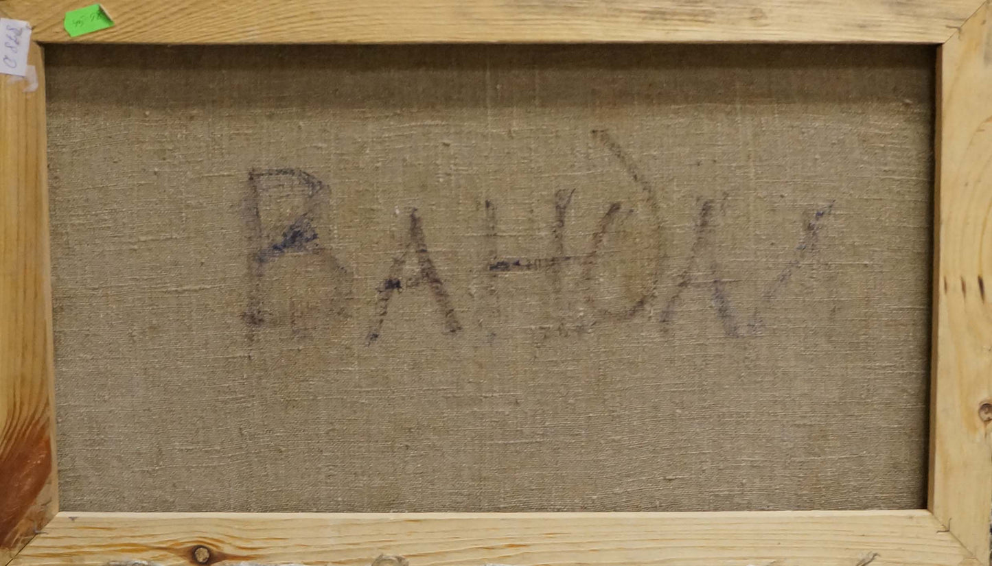 Back of Nikolai Petrovich Petrov oil painting canvas with bahon in faded purple marker