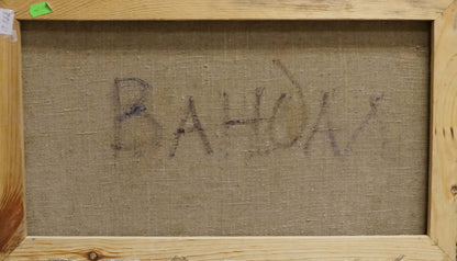 Back of Nikolai Petrovich Petrov oil painting canvas with bahon in faded purple marker