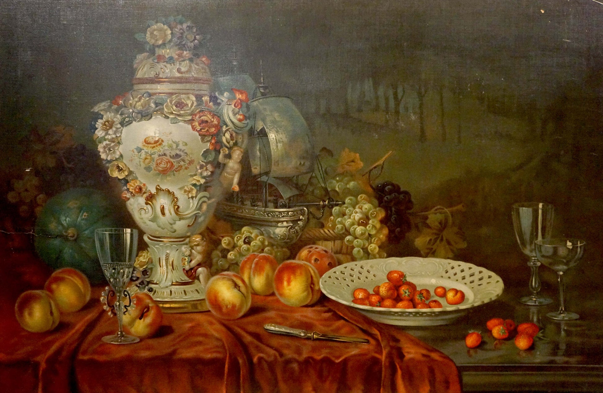 Ornate white porcelain vase with roses and cherubs in Oil painting A sweet table is set