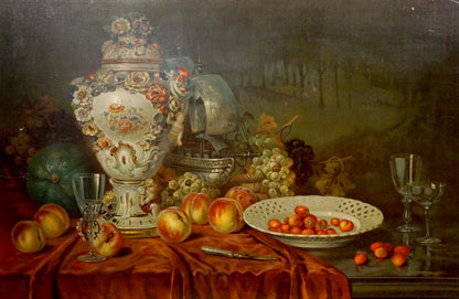 Ornate white porcelain vase with roses and cherubs in Oil painting A sweet table is set