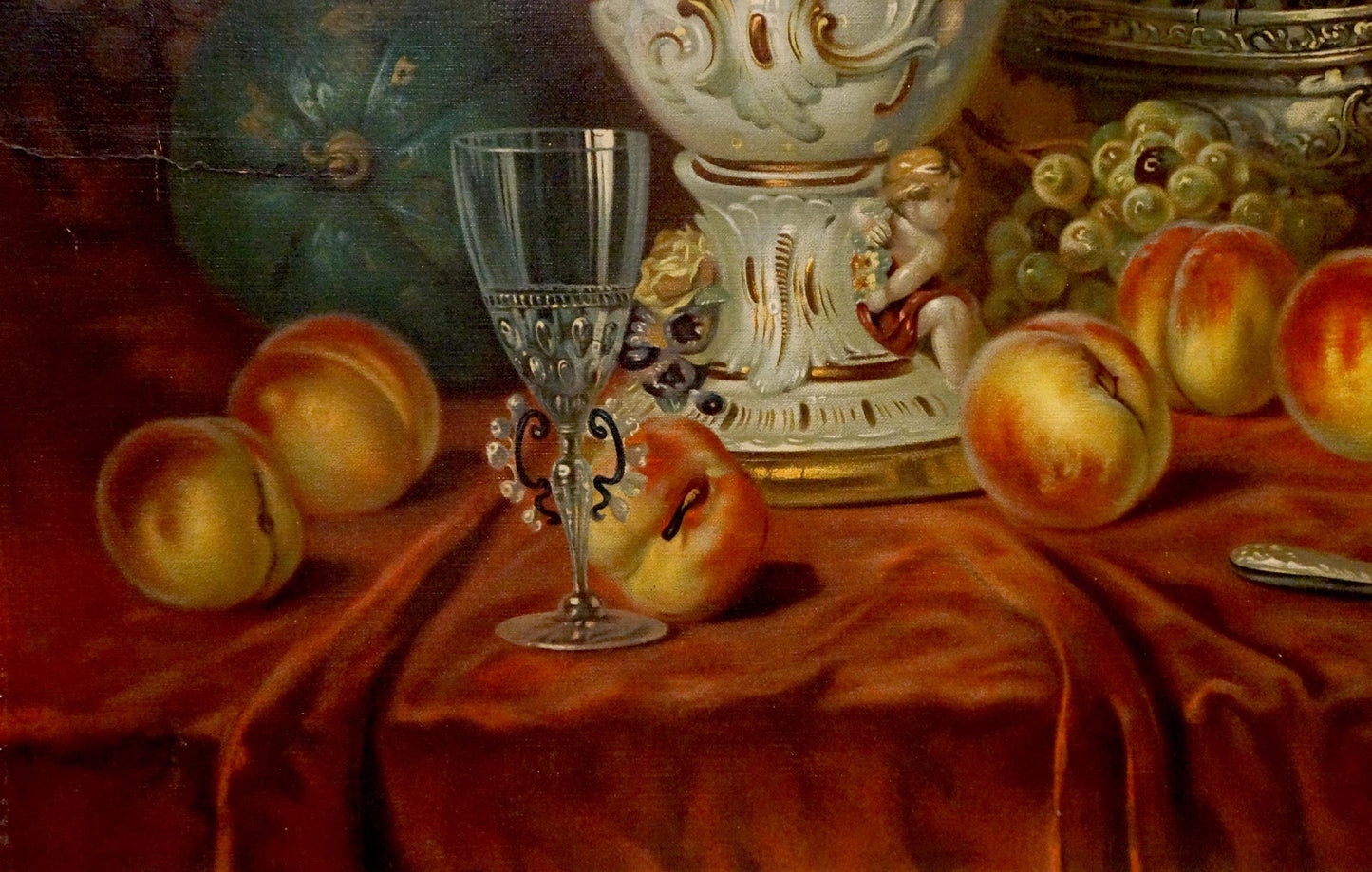 Delicate clear glass wine goblet with silver filigree in oil painting