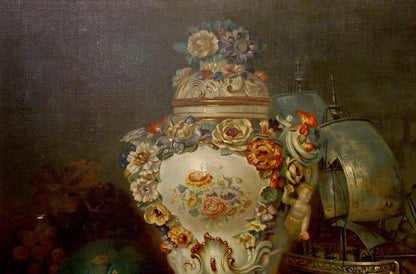 Oil painting of ornate cream porcelain vase with floral patterns on sweet table