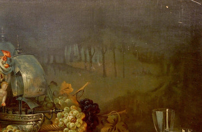 Oil painting of ornate silver ship model amid grapes on sweet table