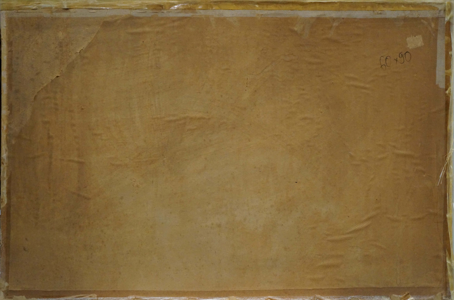 Back of framed Oil painting A sweet table is set, aged beige paper with creases and tape