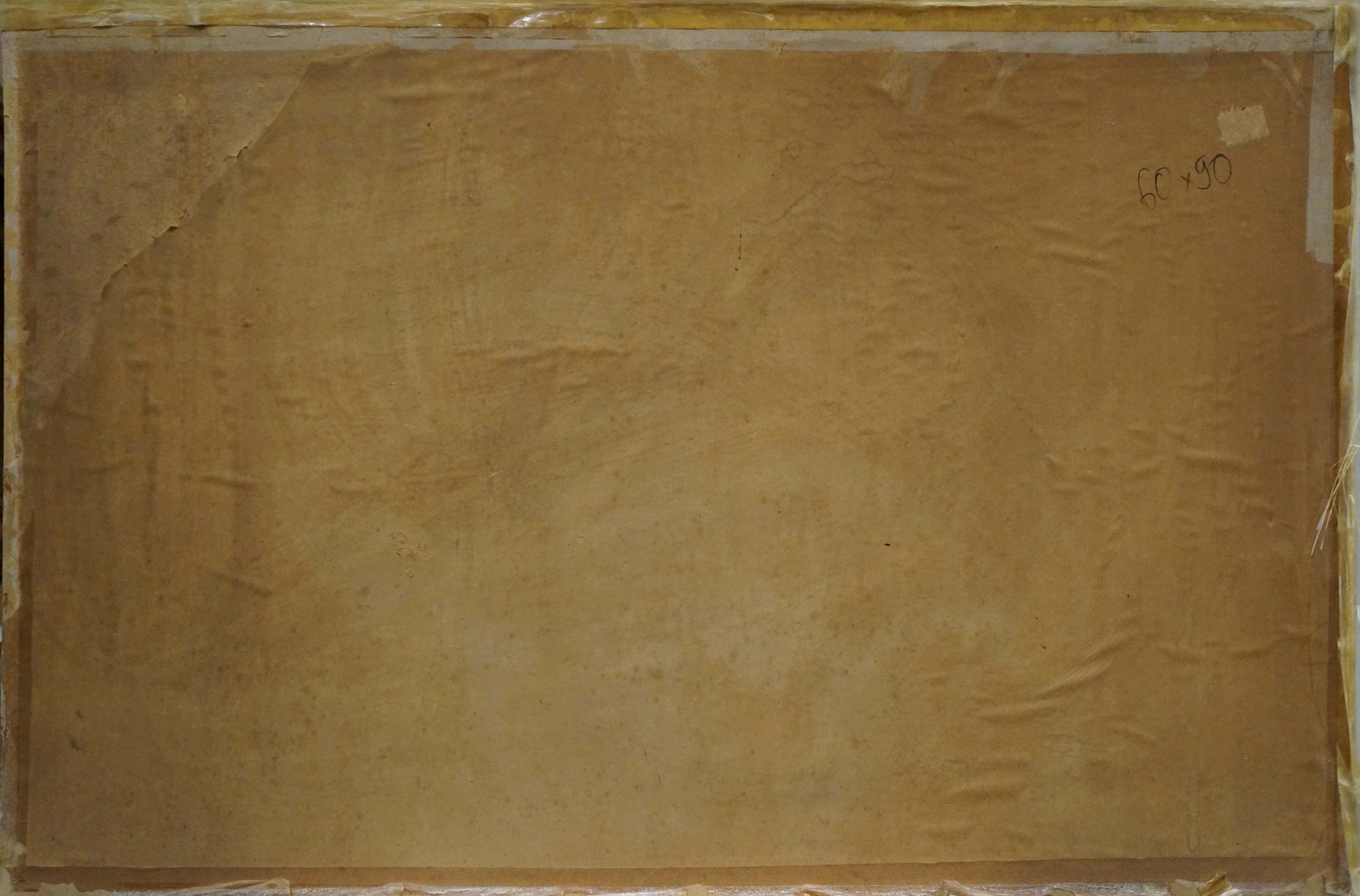 Back of framed Oil painting A sweet table is set, aged beige paper with creases and tape