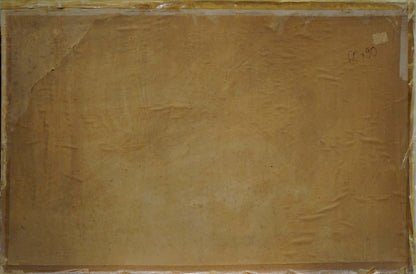 Back of framed Oil painting A sweet table is set, aged beige paper with creases and tape