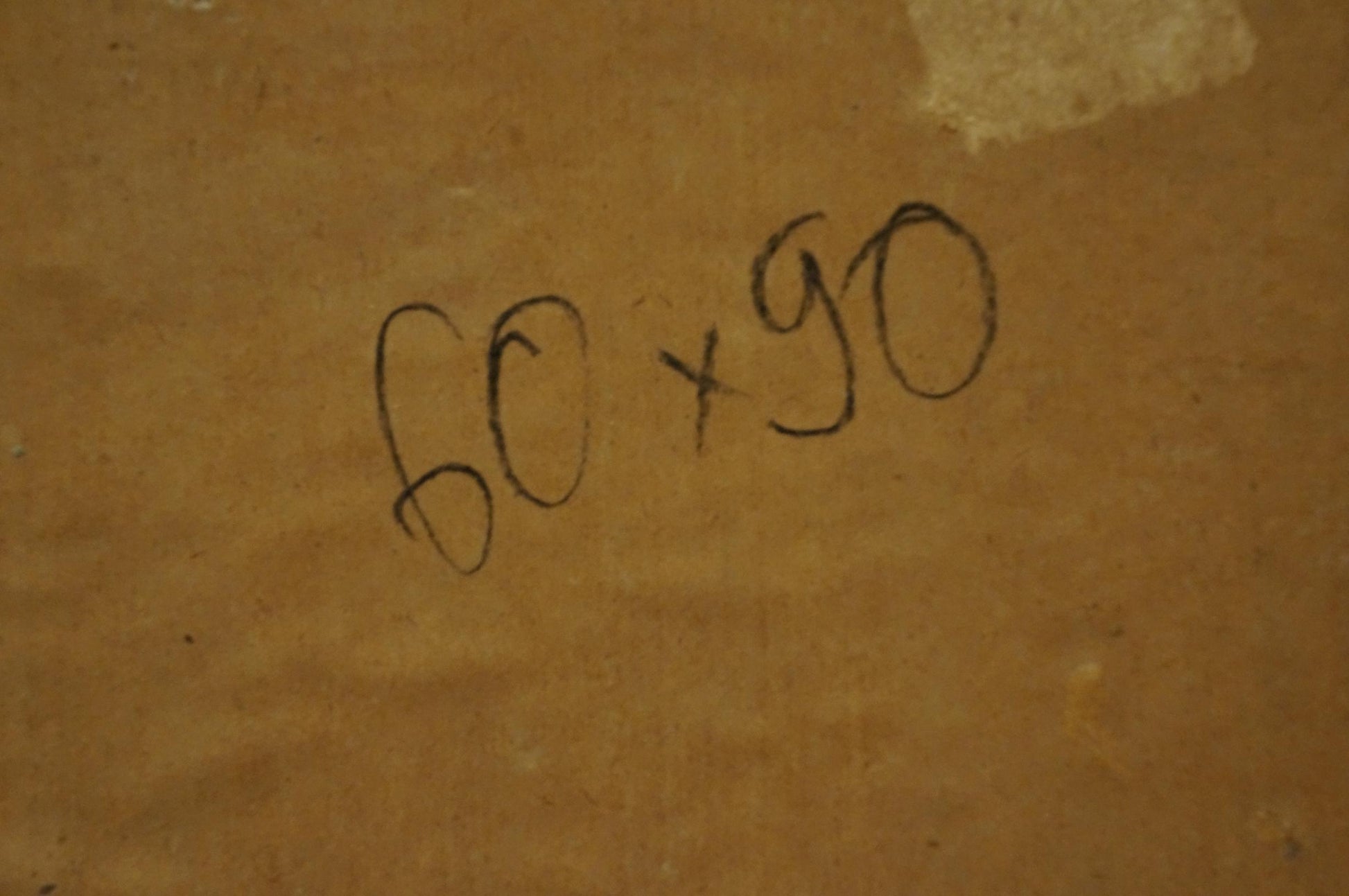 Back of Oil painting A sweet table is set: handwritten 60 x 90 inches on brown cardboard
