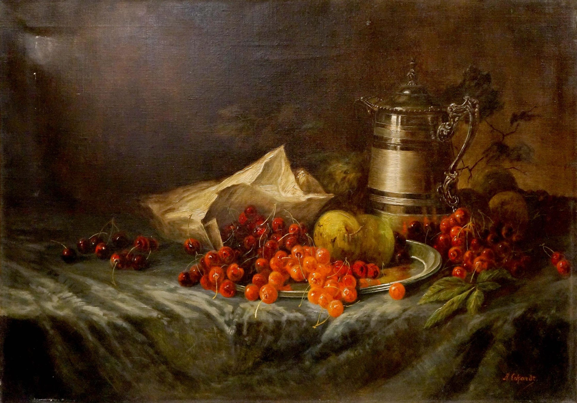 Oil painting Cherry on the table R. Eckart: silver pitcher with red cherries
