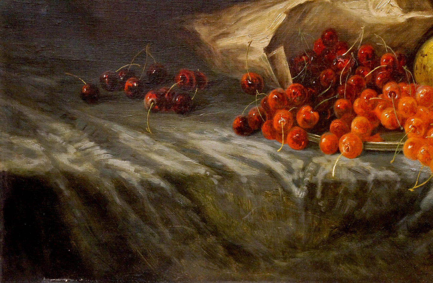 Oil painting by R. Eckart: vibrant red orange cherries spilling from crinkled paper bag on dark gray textured table