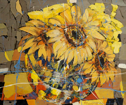 Oil painting of vibrant yellow sunflowers by Klementyev Yuri Leonidovich