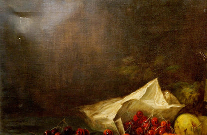 Oil painting of vibrant red cherries in crumpled paper bag by R. Eckart