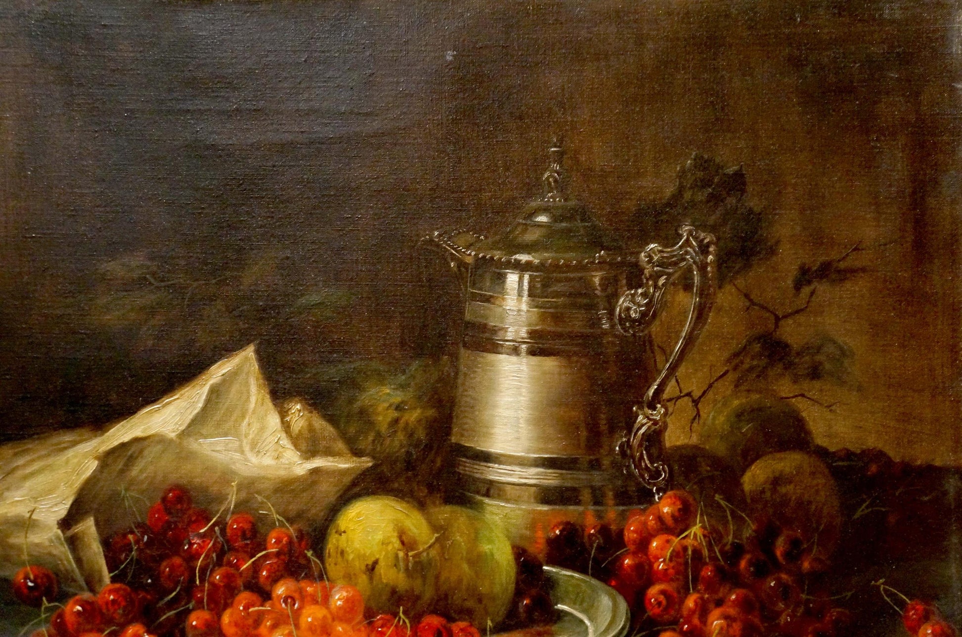 Silver-toned ornate metal pitcher in Oil painting Cherry on the table R. Eckart