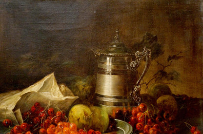 Silver-toned ornate metal pitcher in Oil painting Cherry on the table R. Eckart