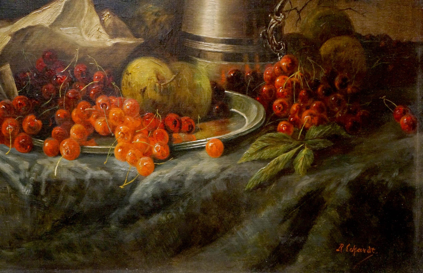 Oil painting Cherry on the table R. Eckart: silver tray of red cherries and leaves