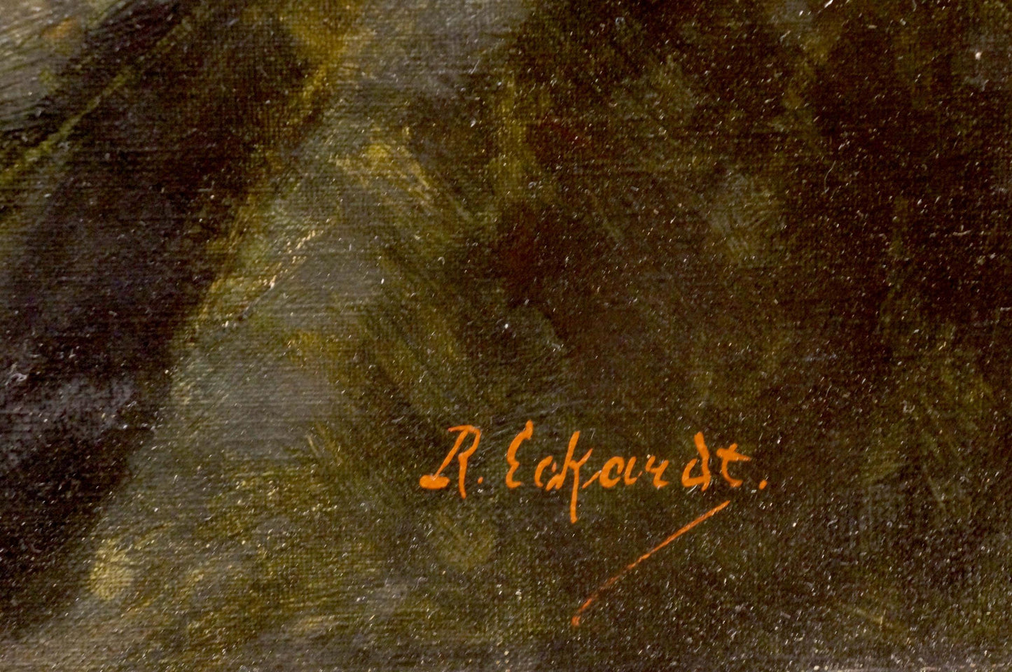 Orange cursive R. Eckart signature on oil painting Cherry on the table