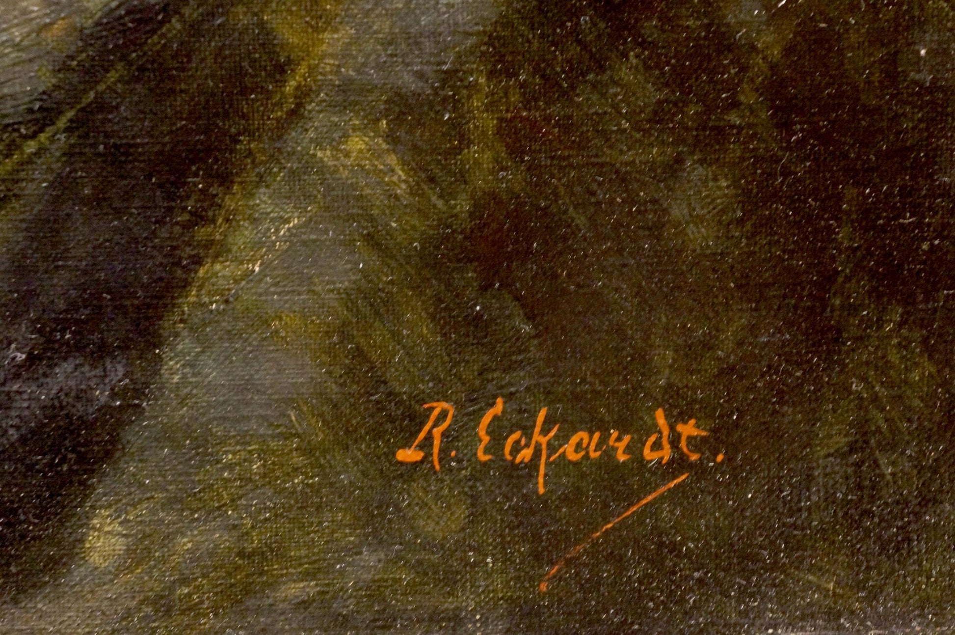 Orange cursive R. Eckart signature on oil painting Cherry on the table