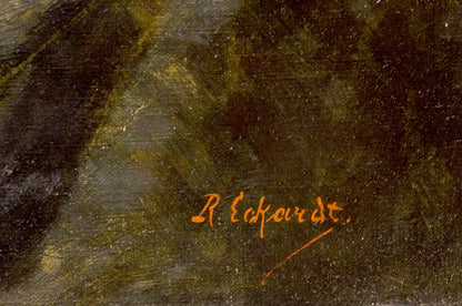 Orange cursive R. Eckart signature on oil painting Cherry on the table