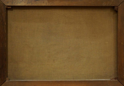 Back of framed Oil painting Cherry on the table R. Eckart with brown wooden frame