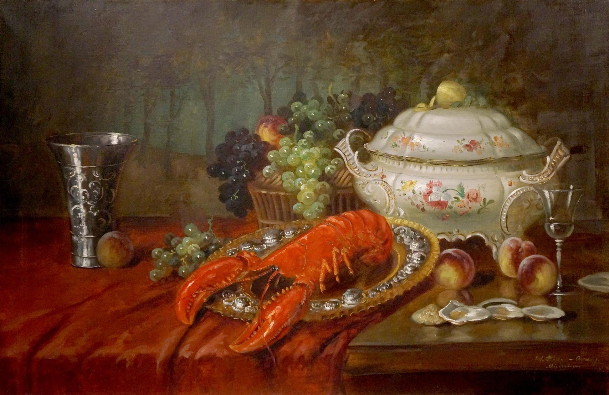 Oil painting of vibrant red lobster on silver platter with grapes and peaches by Eduard Huber-Andorf