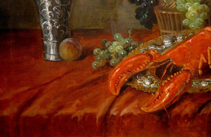Oil painting of vibrant orange lobster on red surface by Eduard Huber-Andorf