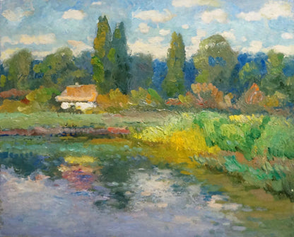Serene oil painting Near the River by Alexander Mynka, tranquil lake reflection