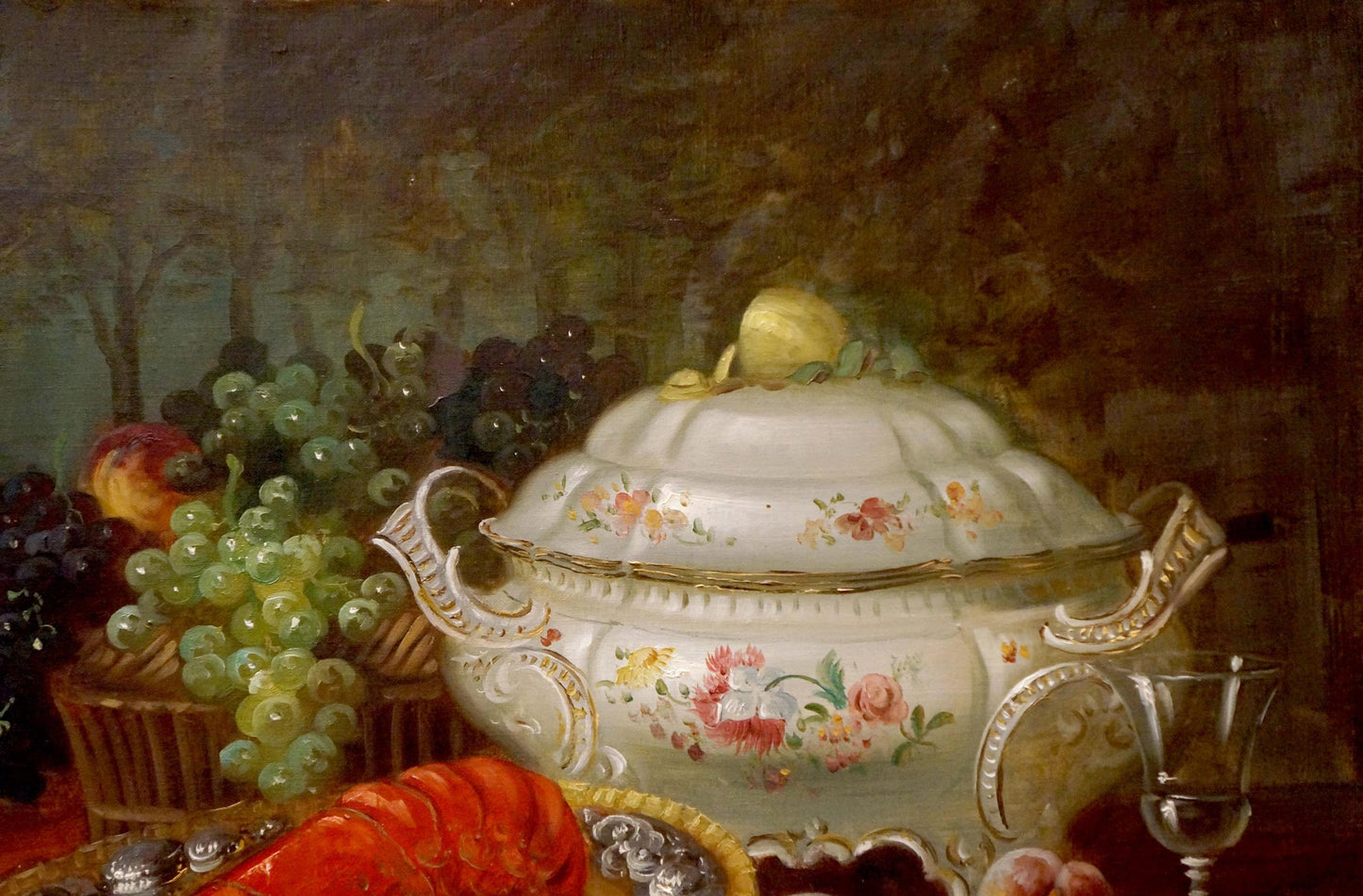 White porcelain tureen with gold trim, floral patterns in Eduard Huber-Andorf oil painting
