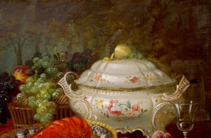White porcelain tureen with gold trim, floral patterns in Eduard Huber-Andorf oil painting