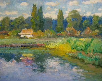 Vibrant impressionist oil painting Near the river by Alexander Mynka with lush trees and pond