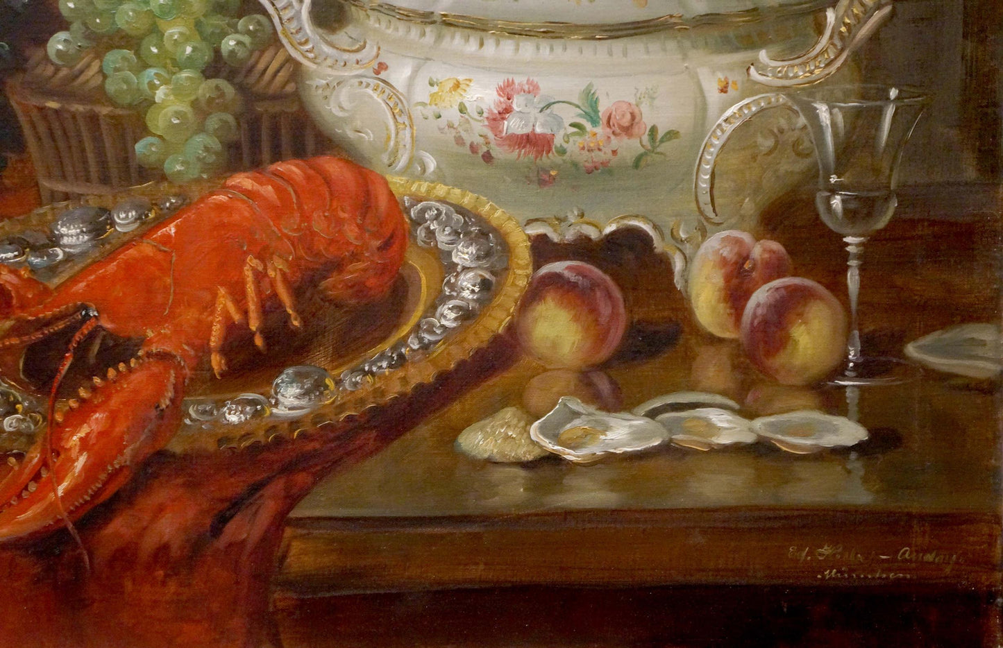 Oil painting of vibrant red lobster on ornate silver platter by Eduard Huber-Andorf
