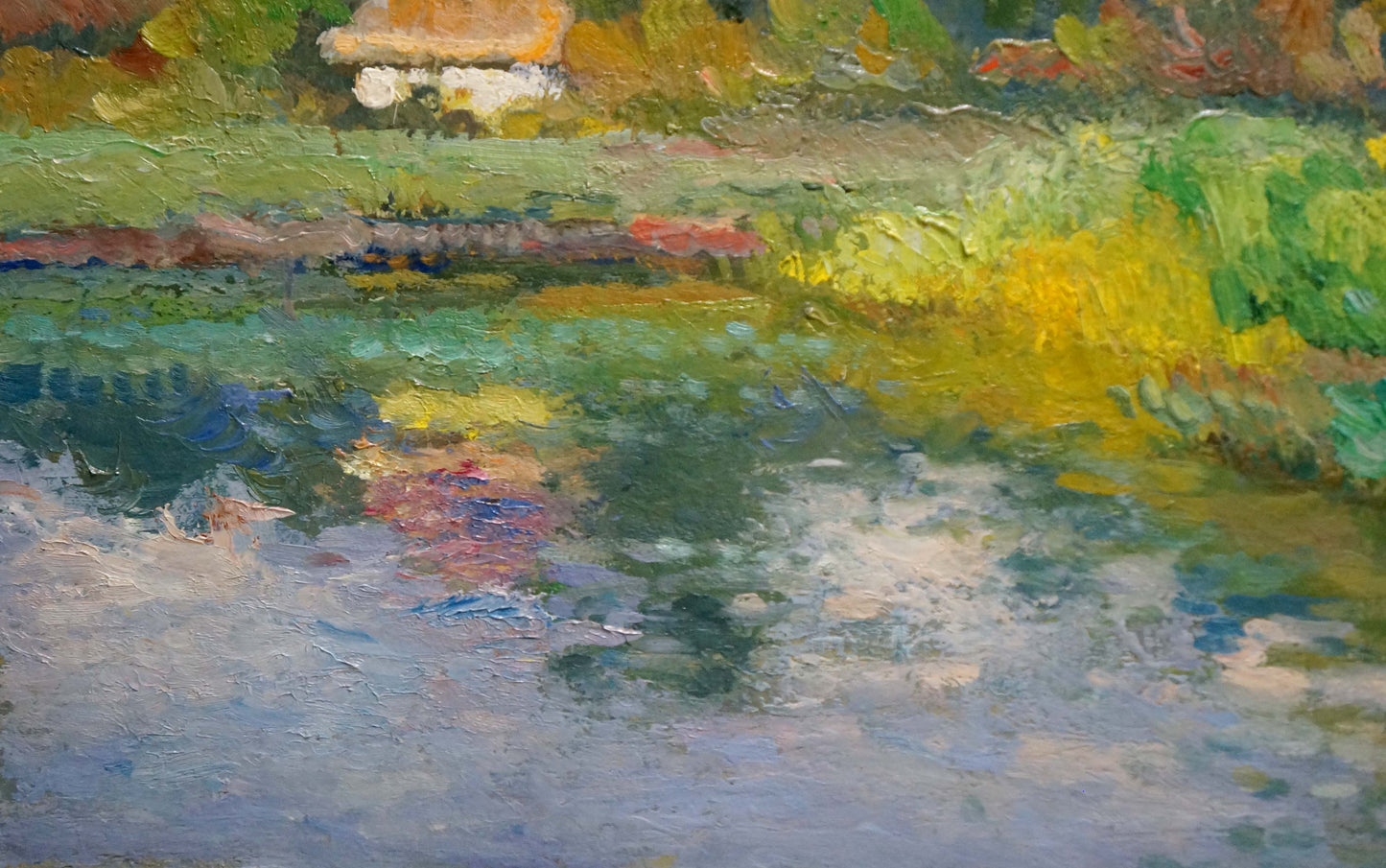Oil painting Near the River by Alexander Mynka: tranquil pond with foliage