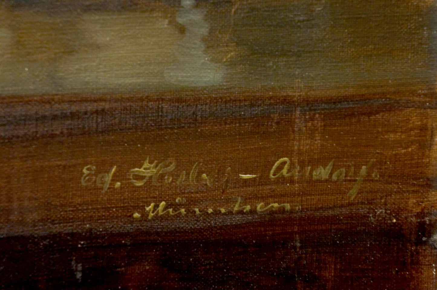 Gold-leaf signature on back of Eduard Huber-Andorf shrimp oil painting frame