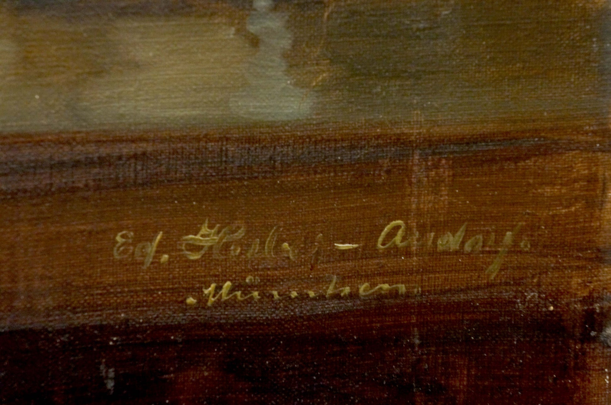 Gold-leaf signature on back of Eduard Huber-Andorf shrimp oil painting frame