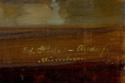 Gold-leaf signature on back of Eduard Huber-Andorf shrimp oil painting frame