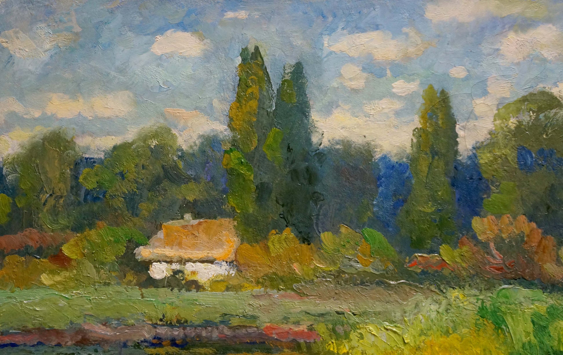 Serene impressionist oil painting Near the River by Alexander Mynka with trees and cottage
