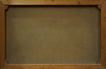 Back of Oil painting Shrimp on the table by Eduard Huber-Andorf on olive-green canvas