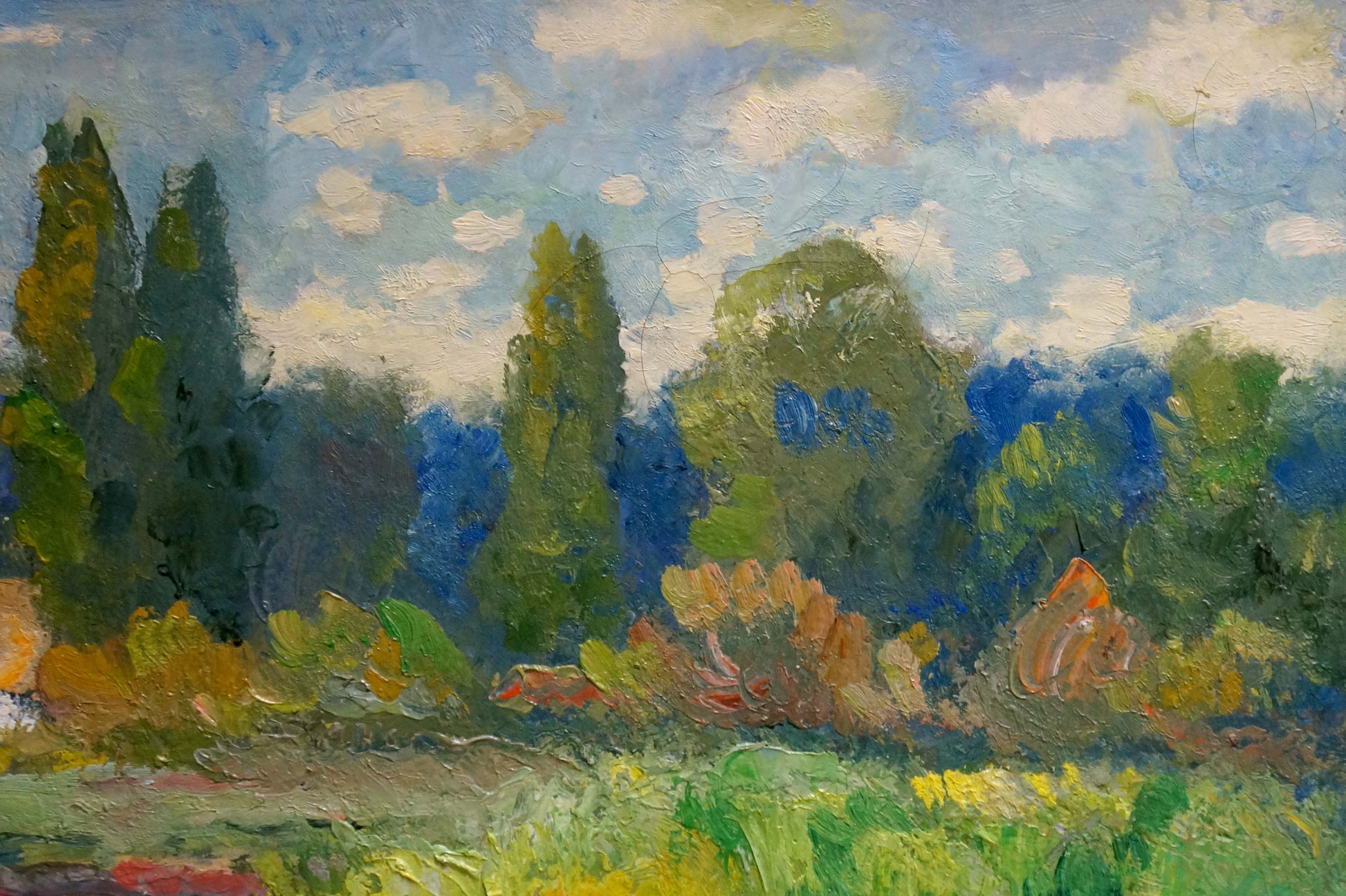 Vibrant impressionist oil painting Near the River by Alexander Mynka with trees and foliage