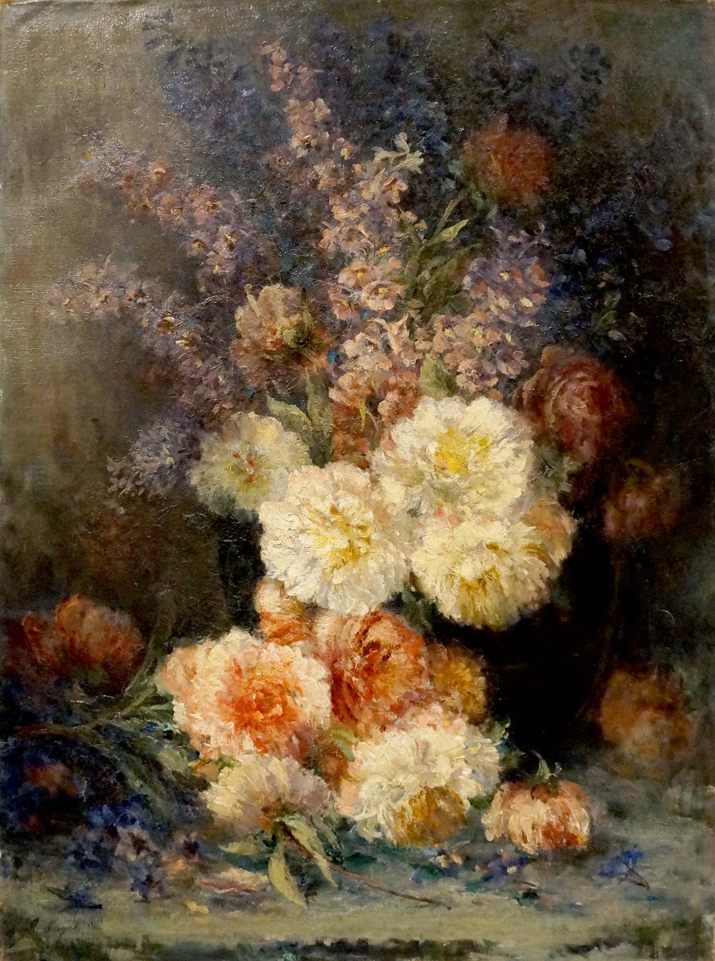 Oil painting Still life Wilhelm Nagel: white peach peonies lavender wildflowers dark vase