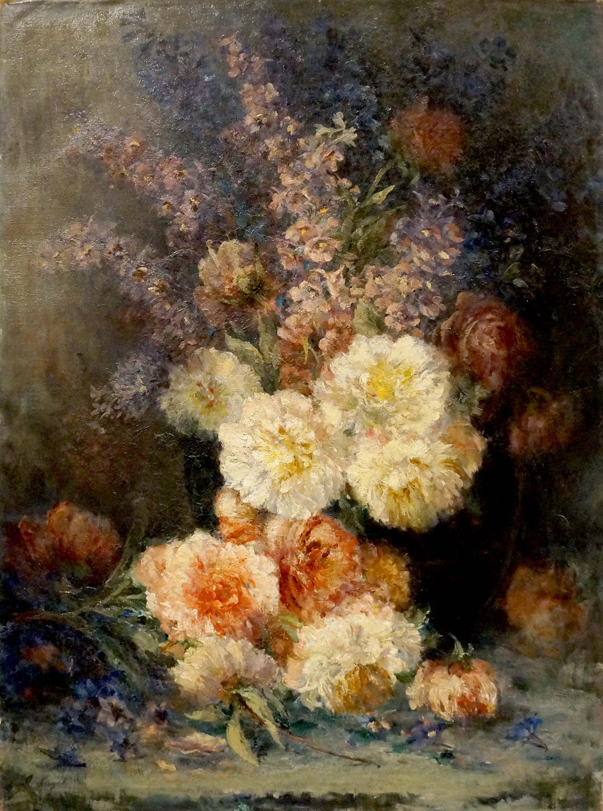 Oil painting Still life Wilhelm Nagel: white peach peonies lavender wildflowers dark vase