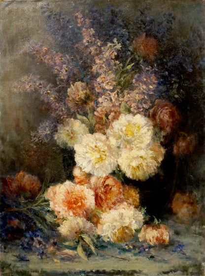 Oil painting Still life Wilhelm Nagel: white peach peonies lavender wildflowers dark vase