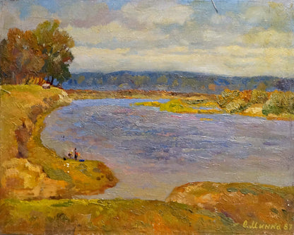 Oil painting Over the River Mynka by Alexander Fedorovich, serene autumn landscape