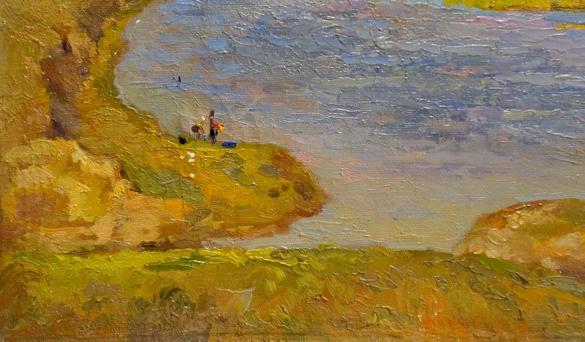Oil painting Over the River Mynka by Alexander Fedorovich, coastal cliffs scene
