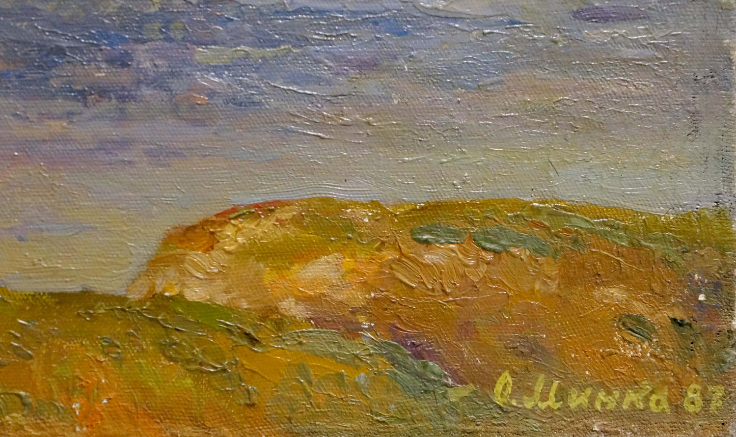 Oil painting Over the River Mynka by Alexander Fedorovich, golden hill under impressionistic sky