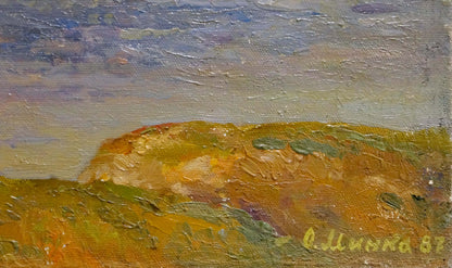 Oil painting Over the River Mynka by Alexander Fedorovich, golden hill under impressionistic sky