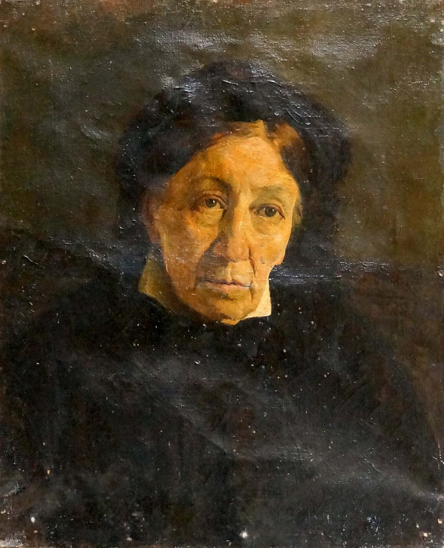 Oil painting portrait of textured elderly grandmother in black garment
