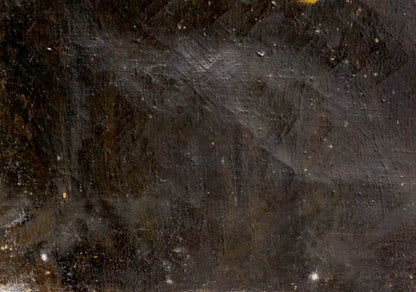 Back of oil painting portrait of grandmother with dark textured scratches