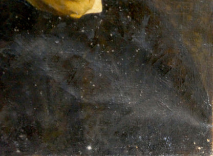 Oil painting portrait of grandmother on dark speckled fabric