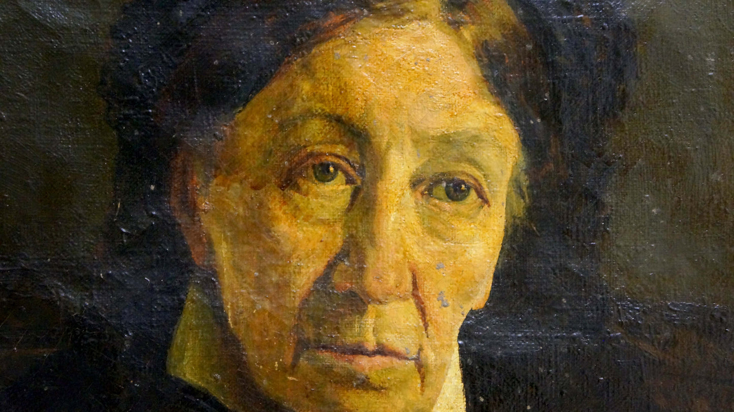 Oil painting portrait of grandmother in warm earthy tones