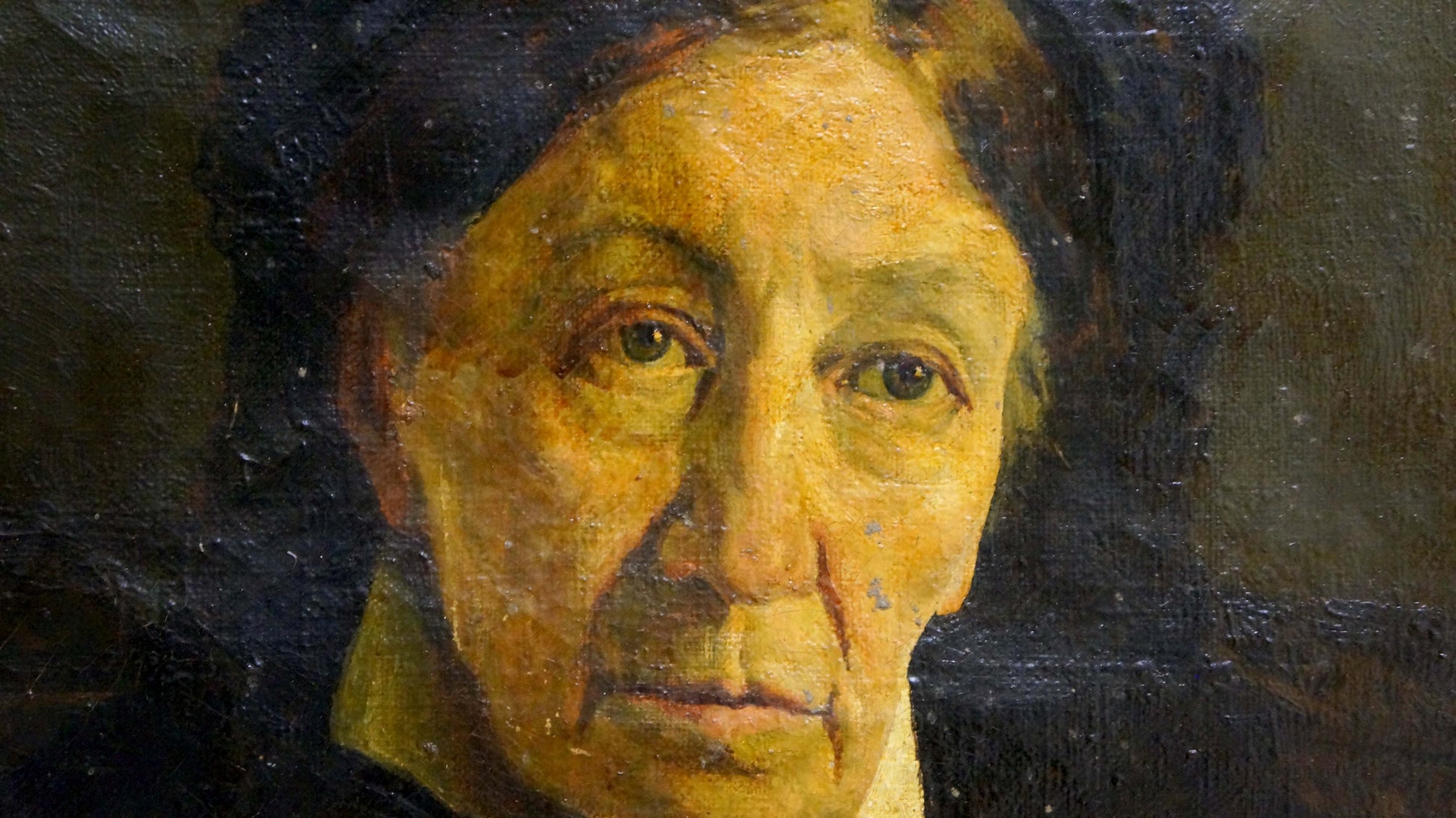 Oil painting portrait of grandmother in warm earthy tones