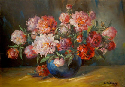 Oil painting of vibrant peonies bouquet in blue vase by Charles Wittmann