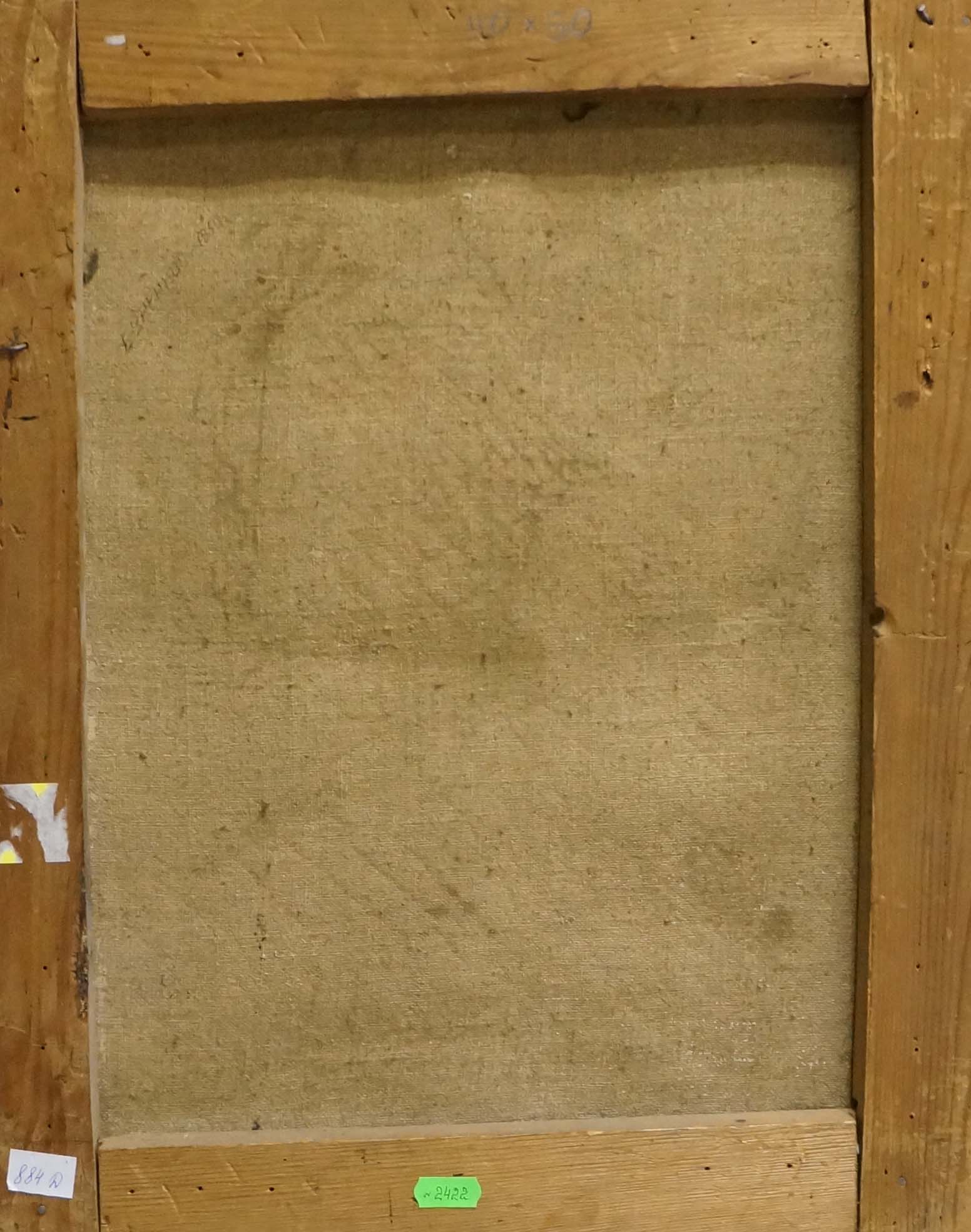 Back of wooden-framed oil painting Portrait of a grandmother with beige textured fabric backing